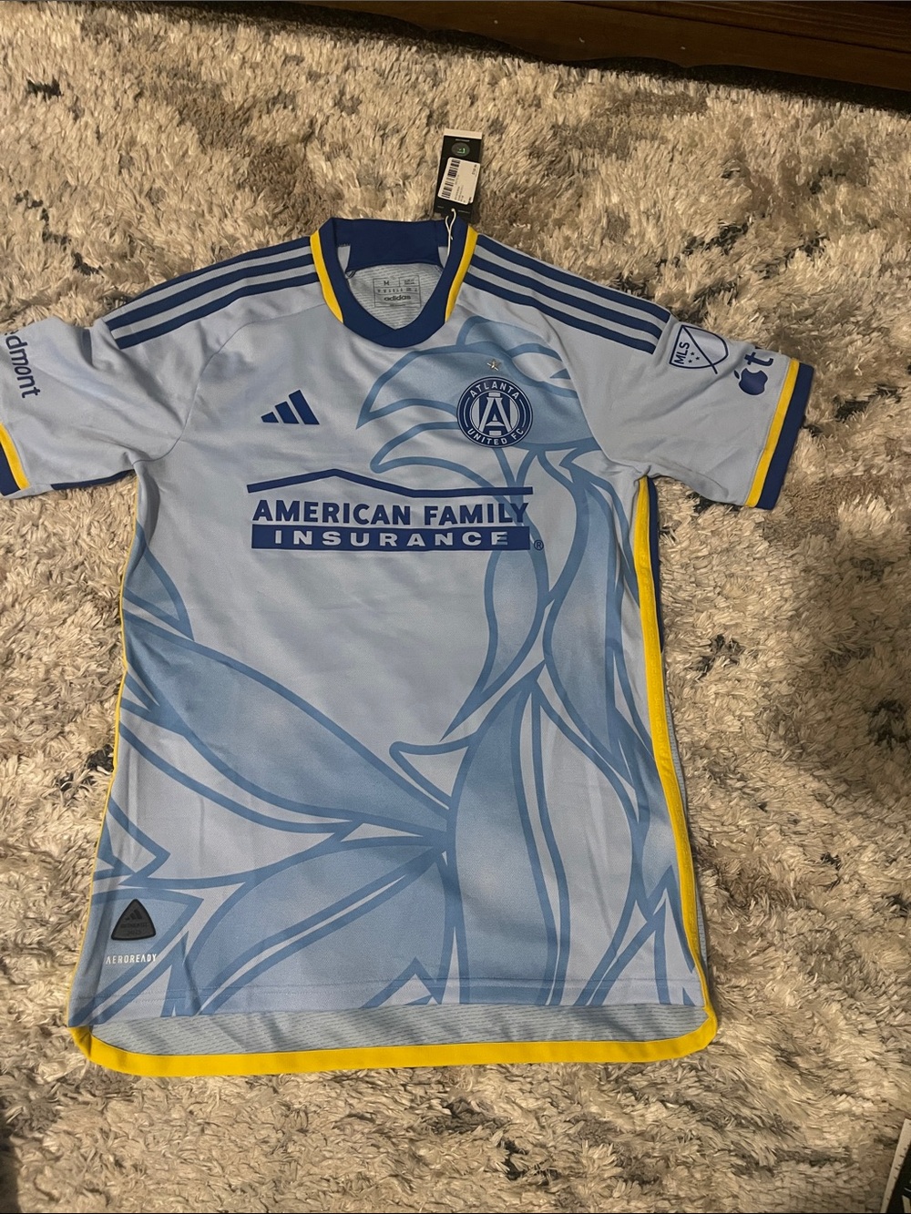 adidas Light Blue Atlanta United Soccer Jersey with Yellow Trim